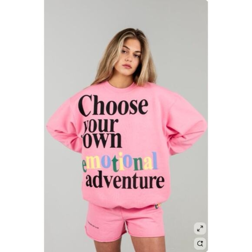 Pink Graphic Crewneck Sweatshirt with 'Choose Your Own Emotional Adventure'